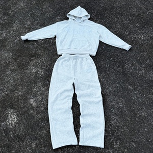 Custom Embroidery Design Heavyweight 100% Cotton Pullover Gray Hoodies and Baggy Sweatpants Tracksuit Two Piece Set <b>Jogging</b> <b>Suit</b> - Product Image 1