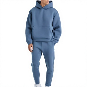 Ensemble de survêtement bleu à capuche pour homme, décontracté, manches longues, couleur unie, sweat-shirt et pantalon, coupe classique, vêtements d'automne, 100% coton - Product Image 1