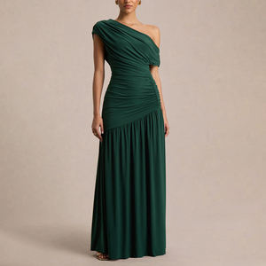 <span class=keywords><strong>ชุด</strong></span>เดรสยาวแบบมีจีบสีเขียวเข้ม คอเฉียงแบบไม่สมมาตร ไหล่ข้างเดียว แต่งระบาย รุ่น ZYHT 75164 สำหรับผู้หญิง สไตล์เรียบร้อยและเป็นทางการ - Product Image 2