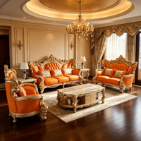 Canapé en cuir orange à accoudoirs enroulés avec cadre doré, prêt à l'emploi, pour salon, villa, hall, restaurant, salle de séjour