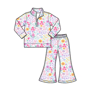 Customize Baby Kids Girls Floral Print Sets Long Sleeve Half Zipper Top Flared Pants Spring Autumn 2pcs Outfits - Product Image 4
