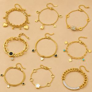 Bracelet vintage en zircon plaqué or 18 carats en acier inoxydable, forme cœur, chiffres romains, carré, cinq fleurs, étoile, bouddhisme, cadeau - Product Image 1