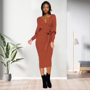 Dropshipping Casual Multicolor Rugloze V-hals Strik Bodycon Gebreide Jurk Damesmode - Product Image 6