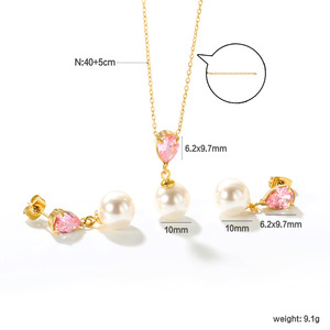 Juego de aretes y collar de perlas en forma de lágrima de acero inoxidable para mujer, joyería de fiesta con incrustaciones de circonita y engaste de bisel. - Product Image 5