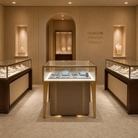 Ensemble de présentoirs à bijoux sur mesure clé en main avec socle haut et comptoir central, éclairage LED or rose, vente en gros