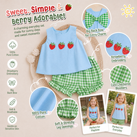 Ensemble 2 pièces Puresun Boutique personnalisé en coton 100% avec broderie fraise, haut et short bouffant, dos ouvert à carreaux et nœud pour filles de 2 à 8 ans