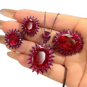 Ensemble de bijoux vintage en cuivre plaqué or noir, 9 pièces, avec rubis simulés, zircone ovale 15*20mm, boucles d'oreilles et colliers pour femmes - Product Image 2