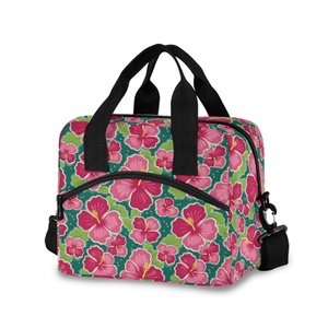 Sac à déjeuner isotherme en nylon imprimé personnalisé, réutilisable, pour pique-nique en plein air, écologique, motif fleur d'hibiscus, pour adultes et femmes - Product Image 2