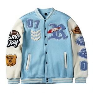 Chaqueta Universitaria Azul Cielo de Lana con Mangas Color Crema, Parches de Chenilla, Chaqueta Retro Personalizada con Letras Universitarias, Chaqueta Bomber Universitaria - Product Image 1