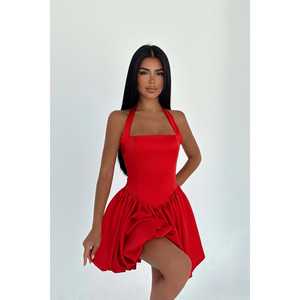 Robe mini-jupe à volants rouge Estella, style cocktail, avec un design unique - Product Image 2