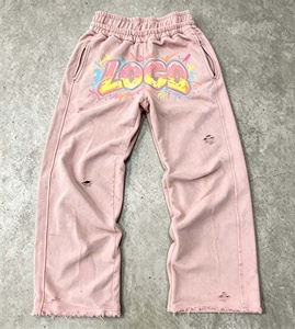 Custom 100% Cotton Heavyweight Vintage Acid Wash Pants Distressed Raw Hem Oversized Stacked Baggy Sweatpants - Product Image 5