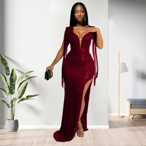 เดรสใหม่มาแรง เซ็กซี่ แขนกุด คอวี แต่งพู่ ผ่าสูง ทรงเข้ารูป เปิดหลัง แฟชั่นสำหรับผู้หญิง - Product Image 3