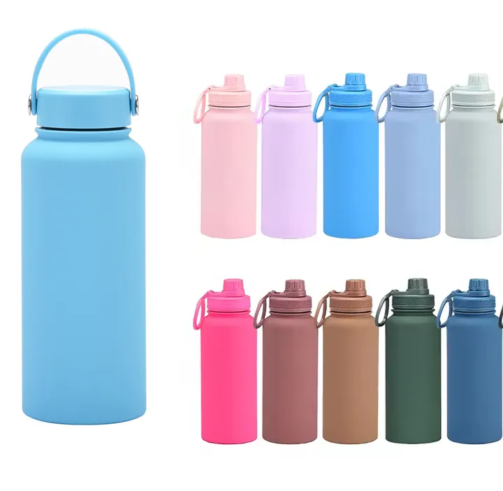 Portable 1L Stainless Steel Bottle Double Wall Insulated Vacuum Flask matte rubber Powder Coated Metal Water Bottle for Sports