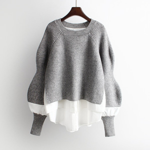 Suéter de punto para mujer con efecto de dos piezas (pullover + camisa), cuello redondo, manga abullonada, estilo oversize, informal y de moda. - Product Image 1
