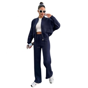 Ensemble <span class=keywords><strong>femme</strong></span> pour l'automne et l'hiver, nouveau et tendance, couleur unie, cardigan zippé en <span class=keywords><strong>velours</strong></span>, <span class=keywords><strong>pantalon</strong></span> droit décontracté - Product Image 2