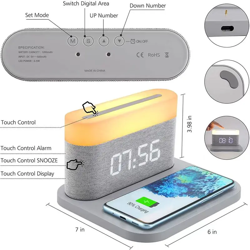 2023 New Tech Desk Bedside 15w Qi Fast Charging 3 in One Digital Alarm Clock Wireless Charger Lamp