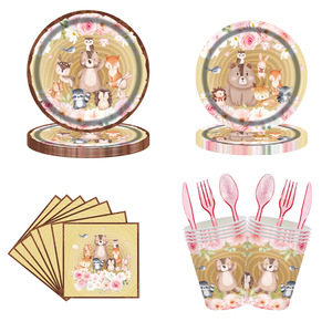 Ensemble de vaisselle jetable pour fête d'anniversaire sur le thème des animaux de la jungle, assiettes en papier, gobelets, nappe, kit de couverts, style dessin animé, fournitures de fête - Product Image 2