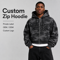 Fabricant de sweats à capuche en marque privée, imprimé camouflage, logo en relief, sweat à capuche zippé en molleton de coton épais pour hommes