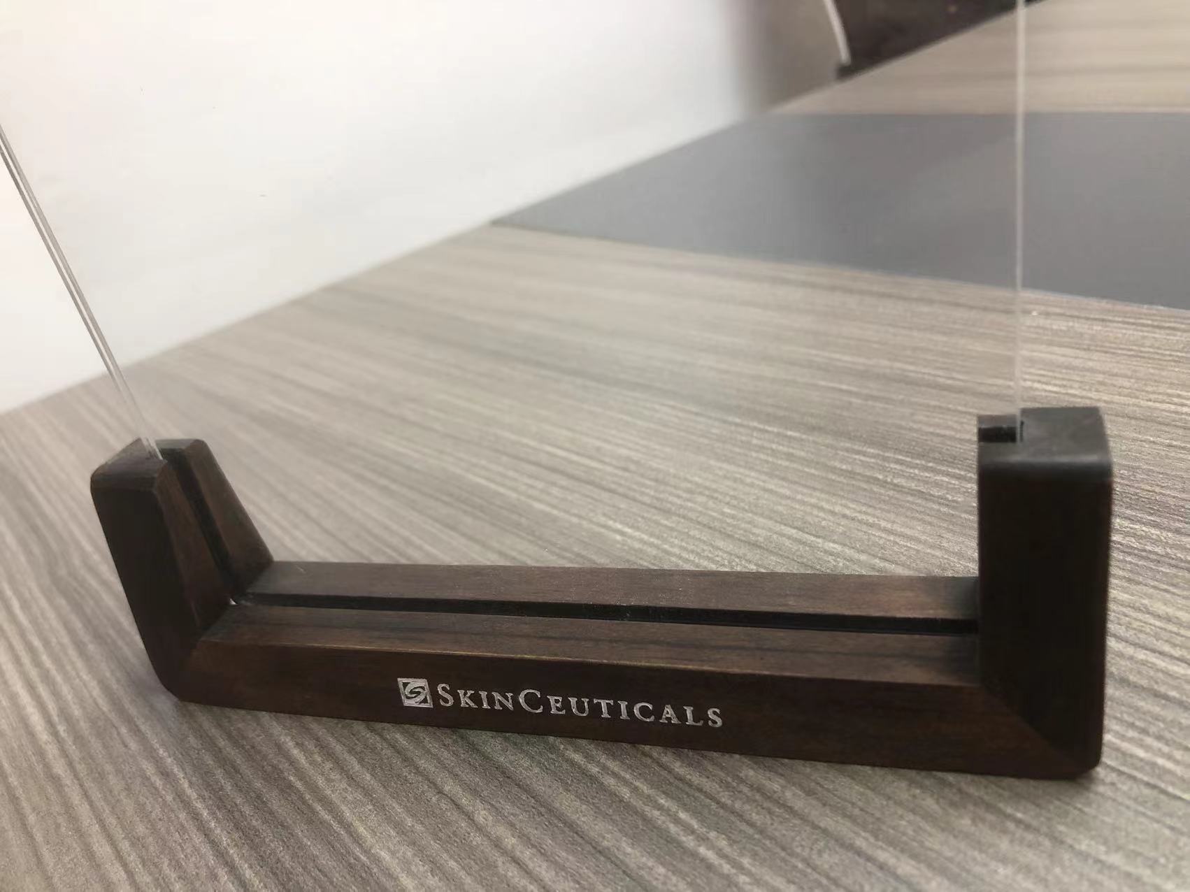 Transparent Acrylic Menu Stand with a Wooden Counter Top Shelf, Ideal for Restaurants and Hotels. — view 4