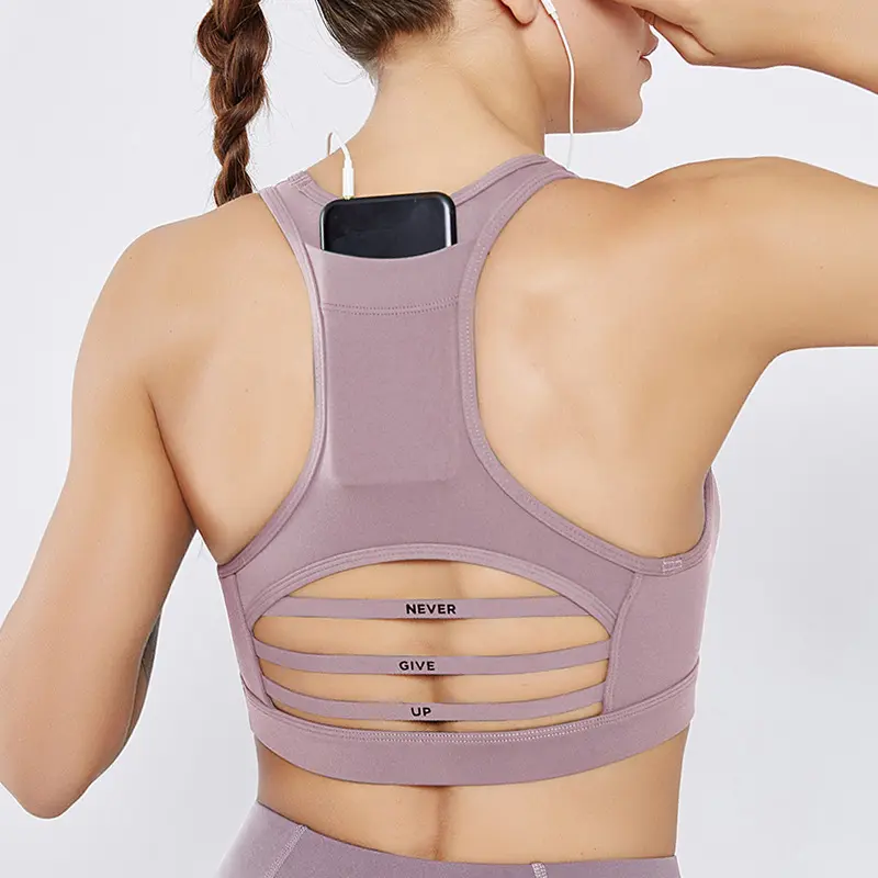 Soutien-gorge de fitness imprimé personnalisé avec poche arrière pour téléphone, haut de yoga, soutien-gorge d'entraînement, soutien-gorge de sport, OEM