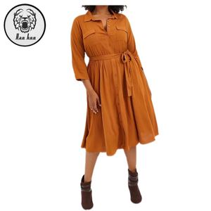 Abito chemisier midi da donna marrone cammello con cintura e tasche, maniche a 3/4, abbottonatura frontale, casual da lavoro. Supporta servizi OEM e ODM. - Product Image 1