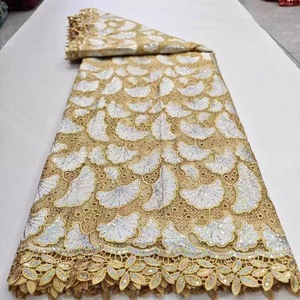 <span class=keywords><strong>Tissu</strong></span> <span class=keywords><strong>en</strong></span> dentelle de tulle français brodé de paillettes dorées écologiques, 5 yards, polyester, pour robes de soirée africaines pour femmes - Product Image 1