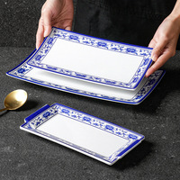 Assiette en porcelaine bleue et blanche chinoise-Vaisselle pour restaurants-Plat de service rectangulaire pour casseroles chaudes utilisées dans les restaurants