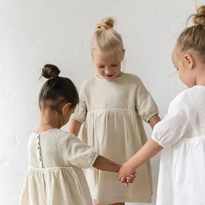 kids girls clothes toddler baby girl dresses custom linen cotton outfits long sleeve smock linen dress for kids