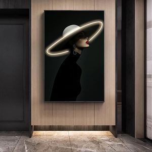 Art mural moderne avec bande lumineuse LED, portrait de femme sexy, noir et blanc, impressions décoratives en cristal, peinture murale pour salon - Product Image 3