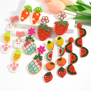 Boucles d'oreilles pendantes en perles faites à la main pour femmes, motifs fruits (ananas, fraise, pastèque, citron), mignonnes, pour le printemps, l'été, les vacances et les fêtes - Product Image 5