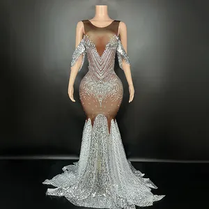 Novance Y1674-C Chic Evening Dress 2023 Elegant Womens Clothing Luxury Sleeveless Pageant Gown Silver Glitter Diamond