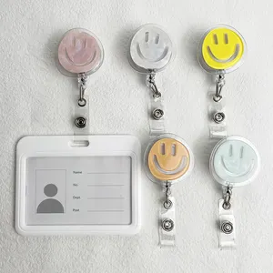 Double Acrylic Smile Face Transparent Leicht zu ziehender Knopf Mitarbeiter abzeichen Karten hülle Anti-Verlust-Geräte clip Arbeits karte ID-Abzeichen