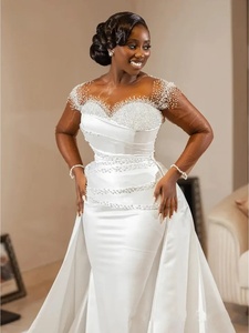 Vestido de Novia Moderno Personalizable Estilo Sirena con Falda de Satén Desmontable, Manga Larga y Decoración de Encaje, Vestido de Novia Africano Talla Grande - Product Image 2