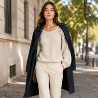Pull en laine 100 % sans couture OEM pour femme, avec épaules en dentelle, manches lanternes ajourées, 4 couleurs