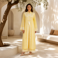 Ensemble coordonné en coton Loriya Abaya islamique avec boutons chinois, tunique longue et pantalon assorti, garniture en dentelle, tenue modeste