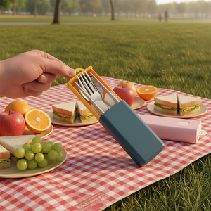 أدوات مائدة محمولة كورية من الفضة المعدنية، طقم أدوات طعام من الفولاذ المقاوم للصدأ، طقم أدوات طعام للسفر 3 في 1 مع حافظة - Product Image 3