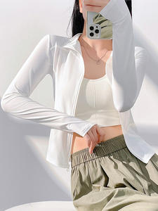 전면 로고 통기성 스탠드 업 피트니스 코트 인쇄 패턴이있는 여성용 솔리드 스판덱스 요가 탑 알몸 야외 스포츠 코트 - Product Image 3