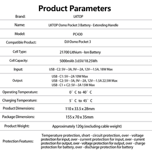 Batería LKTOP de 5000mAh con Soporte para DJI Osmo Pocket 3 - 6 Horas de Energía Extendida, Carga Rápida de 22.5W, Puertos USB-C Duales, Montaje de 1/4" - Product Image 4