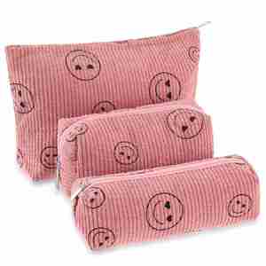 Smiley Face Makeup <b>Bag</b> Cute pink Corduroy 3pcs Toiletry <b>Bags</b> for Women Soft <b>Mini</b> Skincare Organizer - Product Image 1