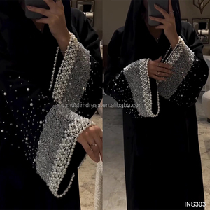 Ensemble Abaya Ouverte et <span class=keywords><strong>Hijab</strong></span> <span class=keywords><strong>de</strong></span> Luxe <span class=keywords><strong>en</strong></span> Tissu <span class=keywords><strong>de</strong></span> Qualité <span class=keywords><strong>de</strong></span> Dubaï, Brodé, Manches Longues, <span class=keywords><strong>Robe</strong></span> <span class=keywords><strong>de</strong></span> l'Aïd Style Estival Modeste Noir Blanc Combiné - Product Image 3