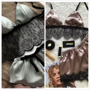 2 件套蕾丝内衣套装女式性感缎面蕾丝文胸内衣睡衣娃娃装睡衣睡衣异国情调套装 - Product Image 3