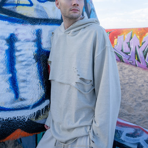 Produttore Personalizzato di Abbigliamento Moda Taglie Forti, Felpa Spessa 100% Cotone Foderata Anti-Pilling, Vestibilità Ampia, Modello Due-in-uno, Taglio Girocollo, Effetto Distressed e Orlo Grezzo - Product Image 3