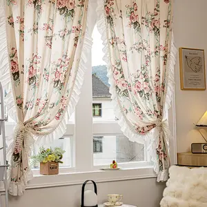 Cortinas de estilo retrô francês em estilo palácio rosa, cortinas de janela com babados em cores creme, tecido ensolarado