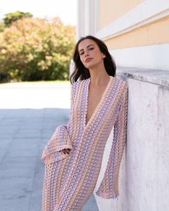 Elegante Abito da Spiaggia con Scollo a V, Spacco, Maniche Lunghe, Pizzo Traforato, Stampa Floreale, Stile <span class=keywords><strong>Boho</strong></span> <span class=keywords><strong>Chic</strong></span>, <span class=keywords><strong>Vestito</strong></span> Lungo per Donne, Ideale per Feste e Vacanze - Product Image 1