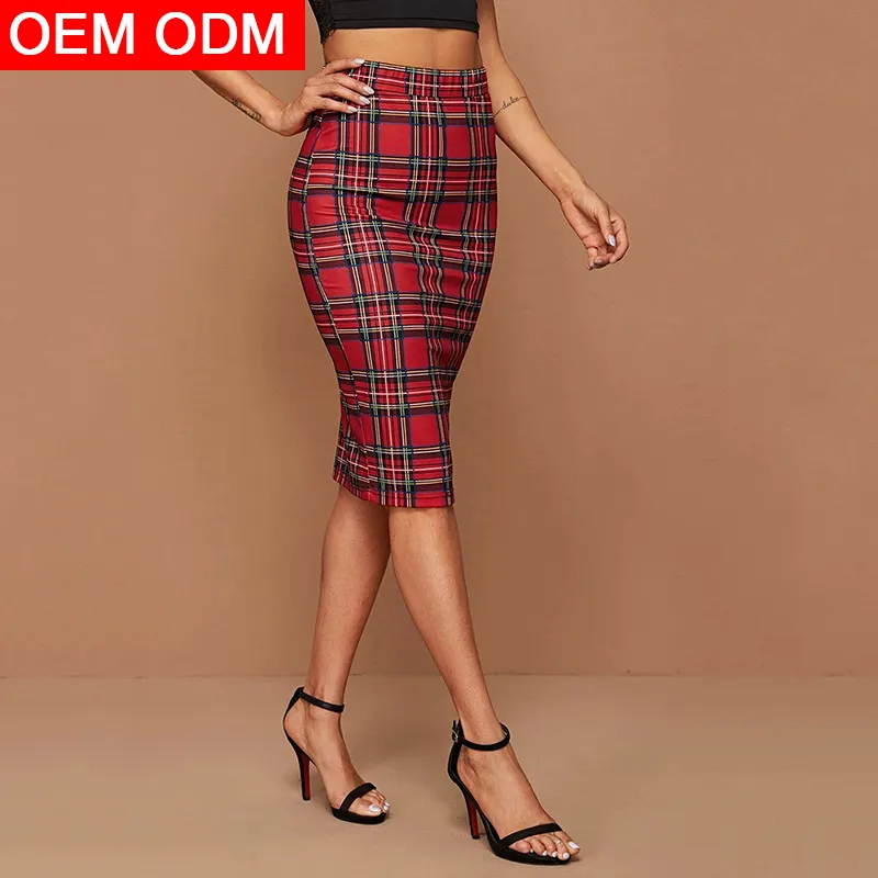 2020 New Style Red Elegant Tartan Midi Pencil Summer High Waist Long Wrap Skirts For Women