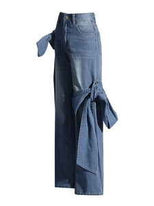 Jeans Femme Taille Haute Style Boyfriend Délavé Patchwork avec Nœud Respirant et Séchage Rapide Conception Cargo - Product Image 4