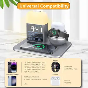 2024 New Wireless Charger Lamp With Night Light And Digital Alarm Clock 6 In 1 Wireless Charging Station