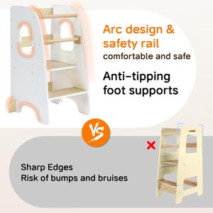 Tabouret de cuisine pour tout-petits, tour d'apprentissage en bois réglable pour enfants avec pieds antidérapants - Blanc - Product Image 2