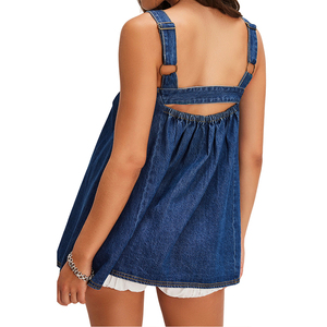 Top mini plissé de luxe en denim 100 % coton, col carré ludique et personnalisé, de haute qualité - Product Image 4