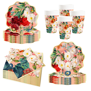 Decoración de Fiesta con Temática Floral DAMAI, Juego de Vajilla de Papel con Diseño de Peonías de Lujo, Platos, Vasos y Servilletas para Fiesta de Té - Product Image 5